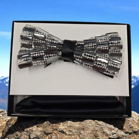 MEN'S BLING GLITTER RHINESTONE  BOW TIE & POCKET SQUARE BY EJ SAMUEL SBT24. - Picture 1 of 3